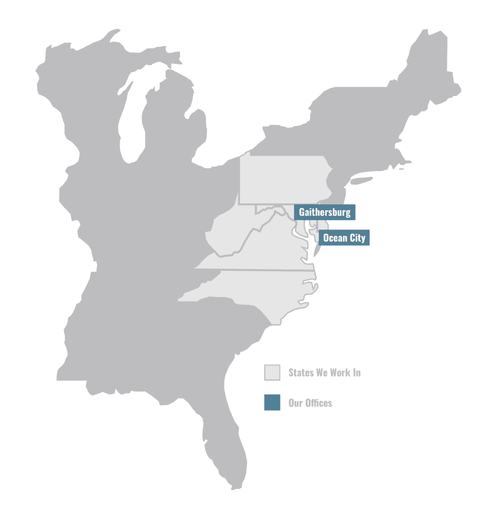 Map of the Eastern United States showing two office locations in Gaithersburg and Ocean City with states highlighted where work is conducted. Designed using Elementor, this map provides a detailed footer for easy navigation. #1216