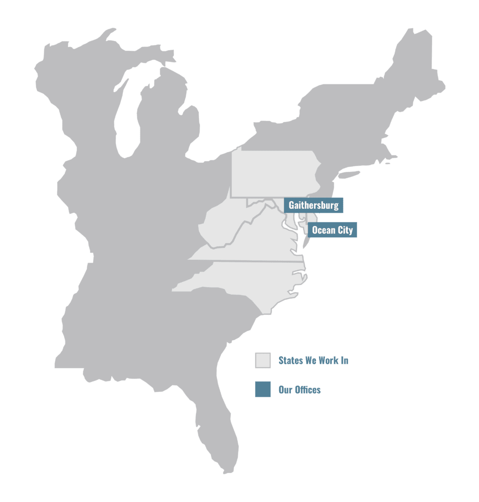 Map of the eastern United States highlighting states with completed projects and offices in Gaithersburg, MD, and Ocean City, MD.