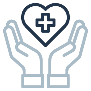 Icon of two hands supporting a heart with a medical cross in the center, symbolizing healthcare and support—a perfect emblem for careers in compassionate medical fields.